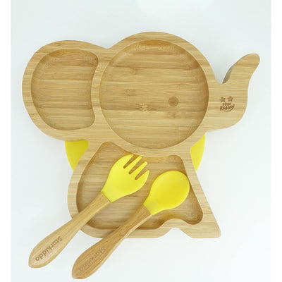 Cute Bamboo Tusker Suction Baby Plate for Kids and Baby-Led Weaning | 3 Sections | Natural Bamboo BPA Free Baby Plate (Yellow)