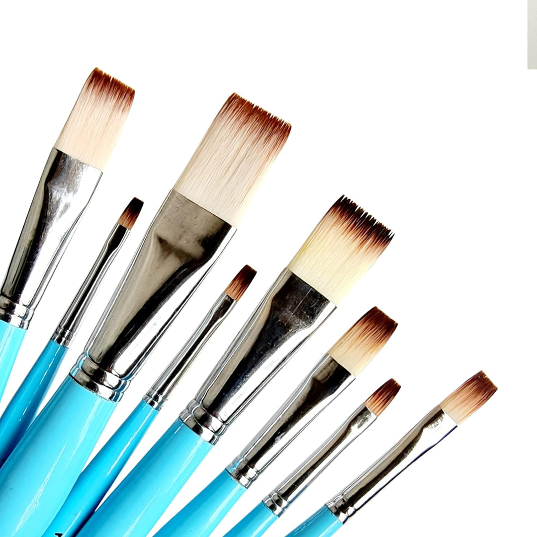 Set of 8 Oval Handle Synthetic Paint Brushes | Handmade Flat | ICY Blue