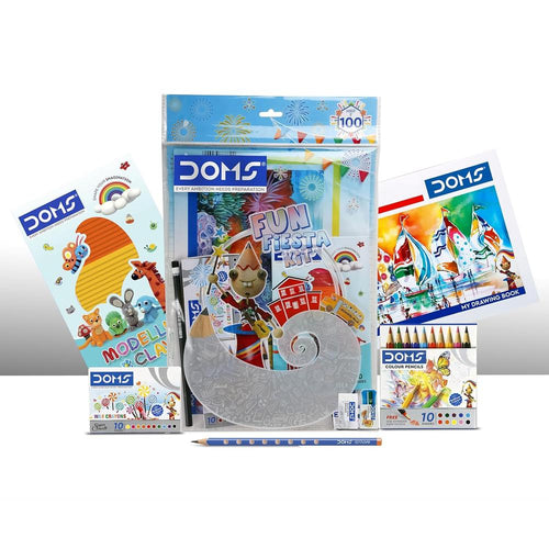 Doms Fun Fiesta Kit - Drawing Book, Modelling Clay Pack, Wax Crayon Pack, Water Color Pen Pack, Pencil, Eraser & Sharpener