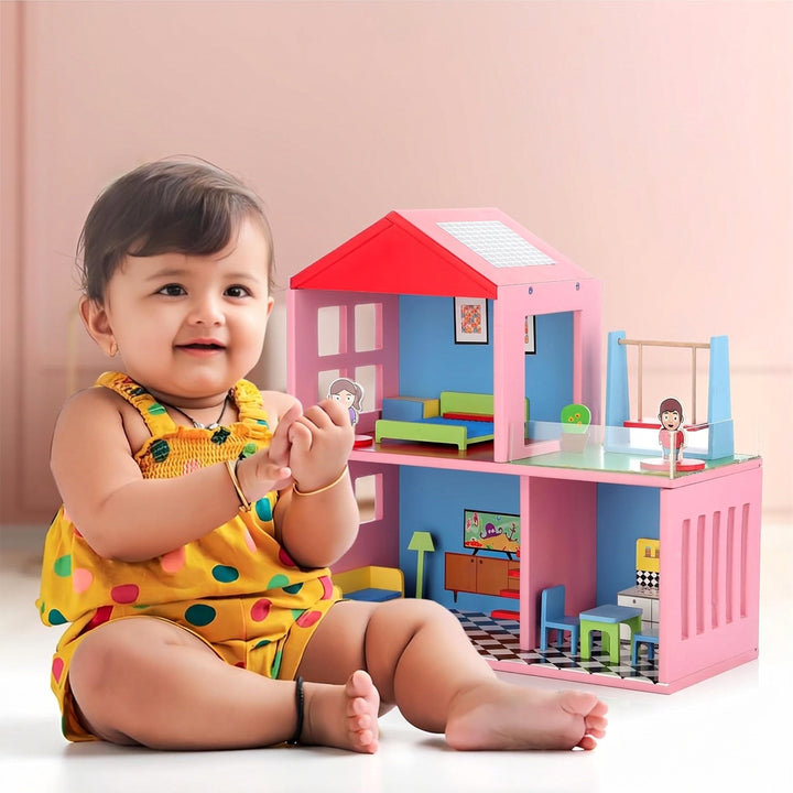 Chanak Big Wooden My Doll House | 4-Room Pretend Play Set | 16 Pieces