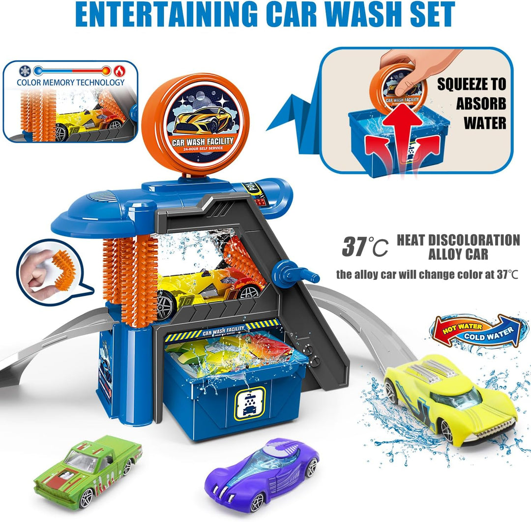 Six-Six-Zero Car Wash Facility Toy Pretend Playset - 28 Pieces | Colour Changing Alloy Cars