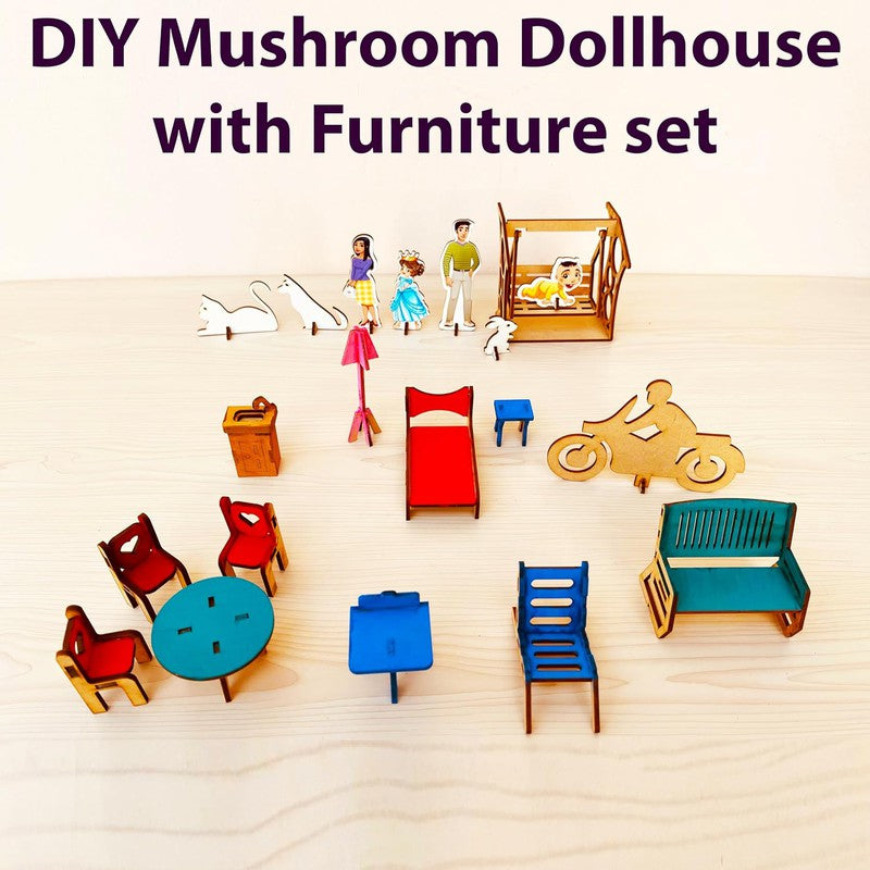 DIY Kit Mushroom Themed Dollhouse with Miniatures & Furniture Set, Includes Family Set, Swing for Baby, Pet Animals & Bike for Perfect Fun Role Play