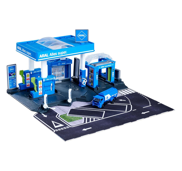 Original Licensed Majorette ARAL Petrol Station Playset with Fuel Tanker | 6 Parking Spaces, Car Wash & EV Charger