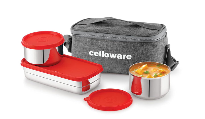 Cello Hot N Fresh Lunch Box Set with Bag - 3 Containers | Outer Plastic & Inner Stainless Steel | Grey-Red