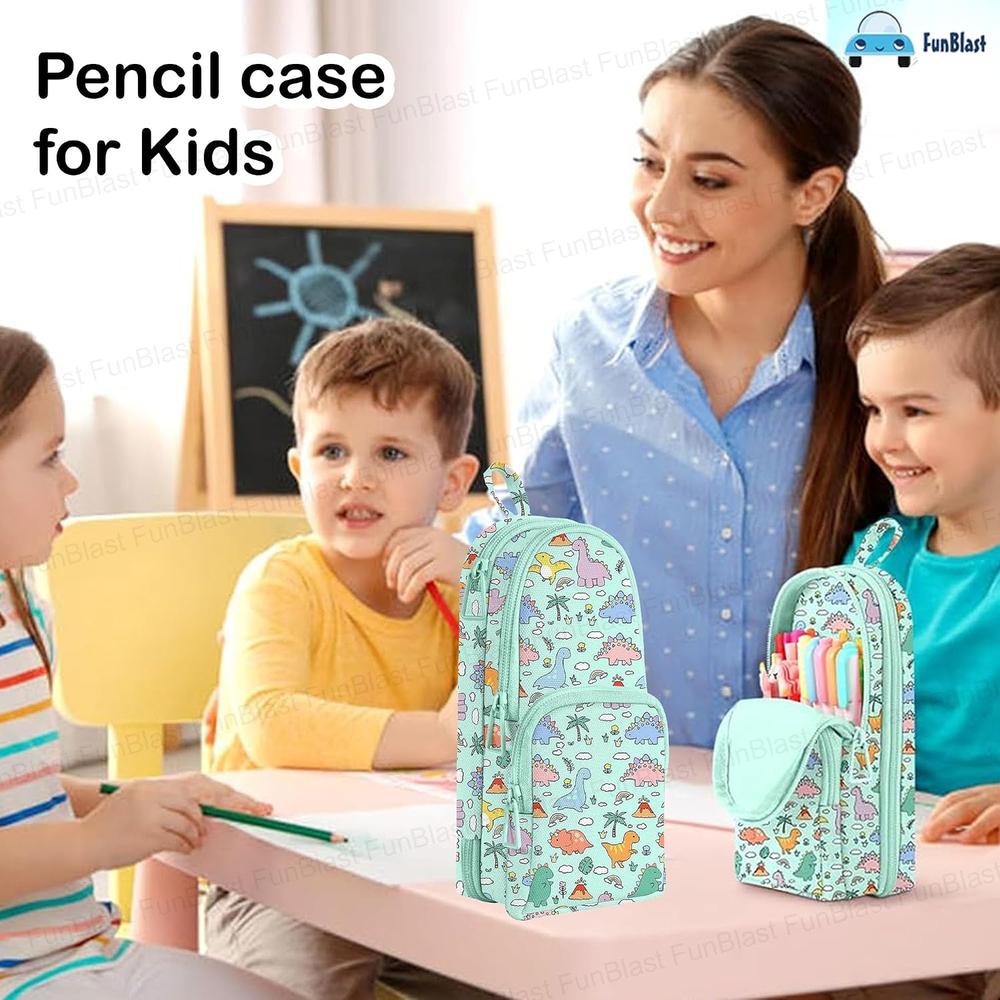 FunBlast Dinosaur Pencil Case | Large Capacity 3-Layer Canvas Hangable Kawaii Pencil Pouch