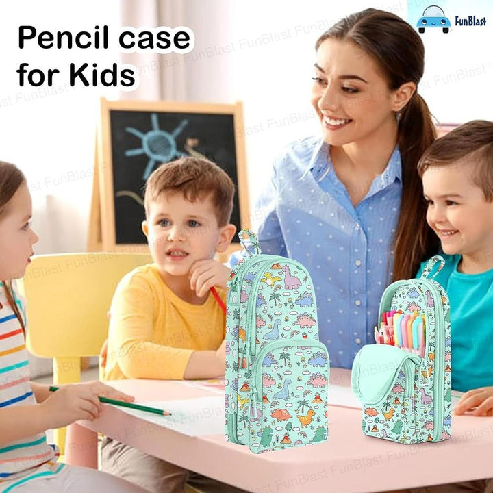 FunBlast Dinosaur Pencil Case | Large Capacity 3-Layer Canvas Hangable Kawaii Pencil Pouch