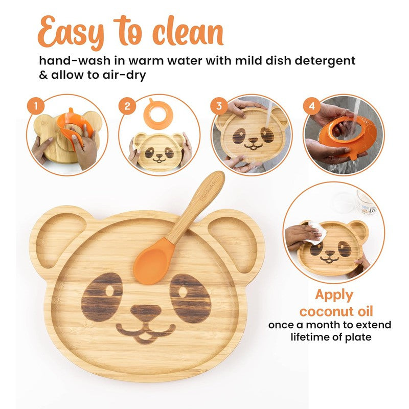 Adorable Panda Bamboo Suction Plates for Baby and Toddler | 3 Sections | Weaning Spoon | Blue