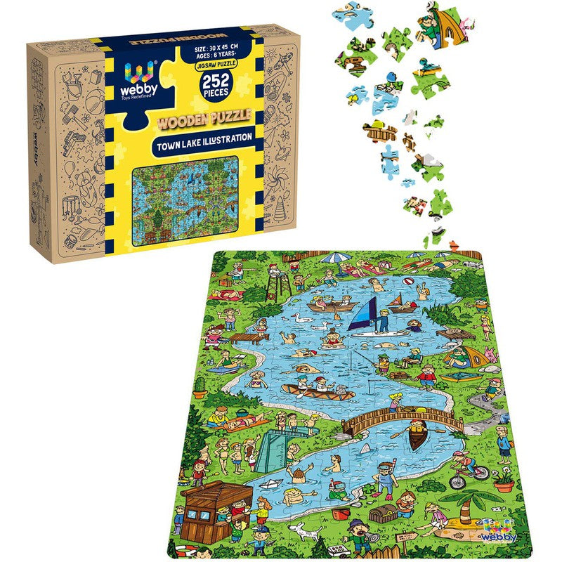 Town Lake Illustration Wooden Jigsaw Puzzle, 252 Pieces