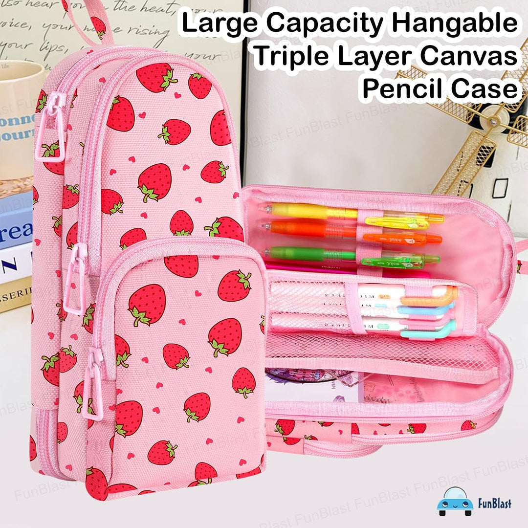 FunBlast Strawberry Pencil Case | Large Capacity 3-Layer Canvas Hangable Kawaii Pencil Pouch