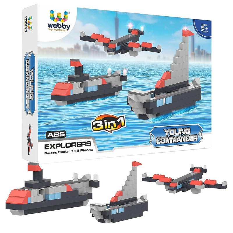 3 in 1 Young Commander ABS Blocks Kit, Fighter Plane, Submarine and Ship Construction Play Set - (155 Pcs)