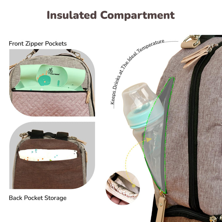R for Rabbit Caramello Truffle Large Capacity Diaper Bag with Stroller Attachment - Grey Pink