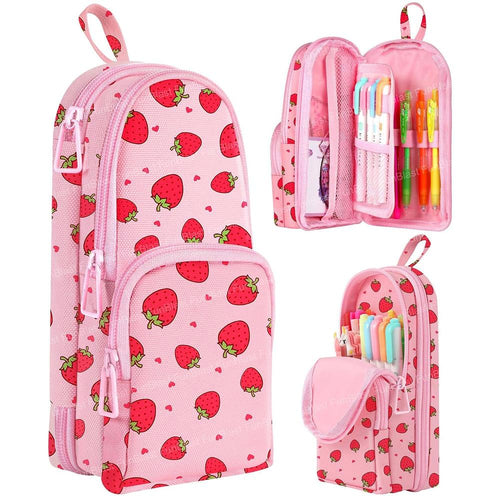 FunBlast Strawberry Pencil Case | Large Capacity 3-Layer Canvas Hangable Kawaii Pencil Pouch