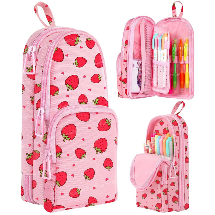 FunBlast Strawberry Pencil Case | Large Capacity 3-Layer Canvas Hangable Kawaii Pencil Pouch