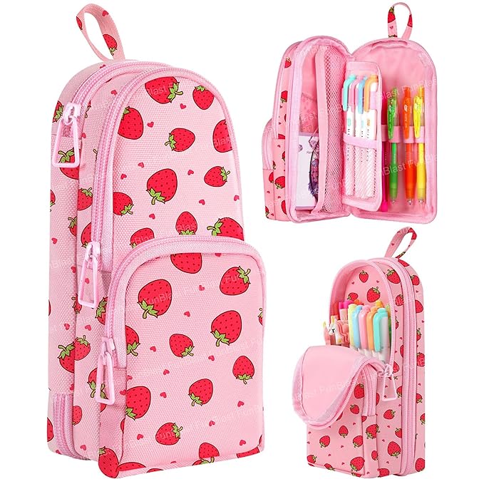 FunBlast Strawberry Pencil Case | Large Capacity 3-Layer Canvas Hangable Kawaii Pencil Pouch