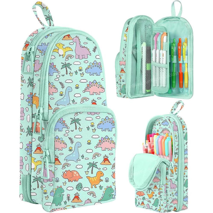 FunBlast Dinosaur Pencil Case | Large Capacity 3-Layer Canvas Hangable Kawaii Pencil Pouch