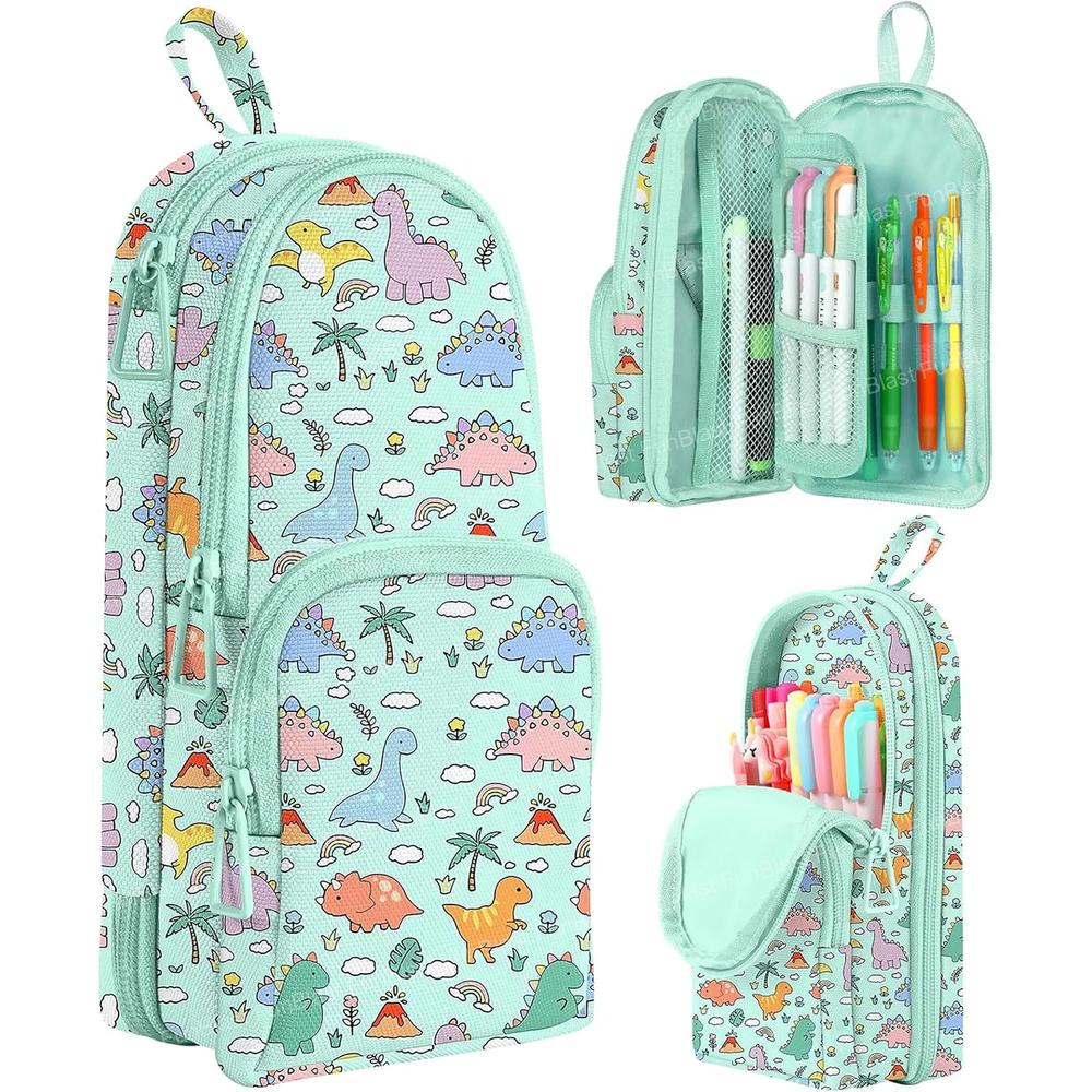 FunBlast Dinosaur Pencil Case | Large Capacity 3-Layer Canvas Hangable Kawaii Pencil Pouch