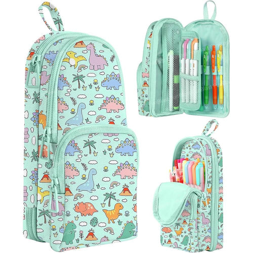 FunBlast Dinosaur Pencil Case | Large Capacity 3-Layer Canvas Hangable Kawaii Pencil Pouch