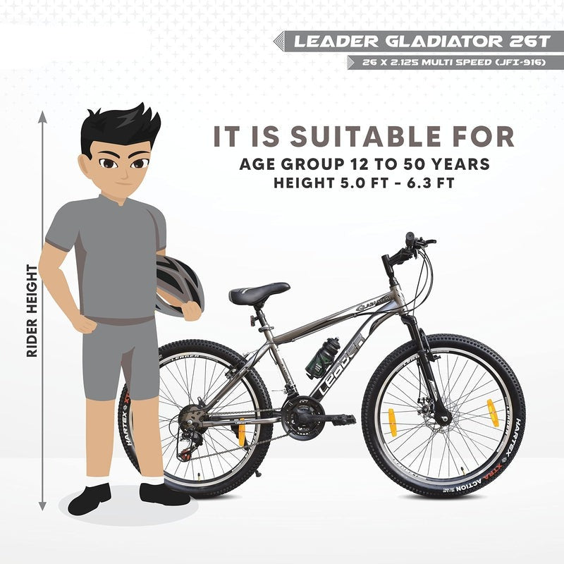 Gladiator 26T Multi Speed [21 Speed] Cycle with Front Suspension and Disc Brake Bicycle - Gladiator Grey | 12+ Years (COD Not Available)