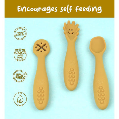 3Pcs Silicon Baby Fork and Spoon Set | Baby Weaning Spoon Set | Self Feeding (Yellow)