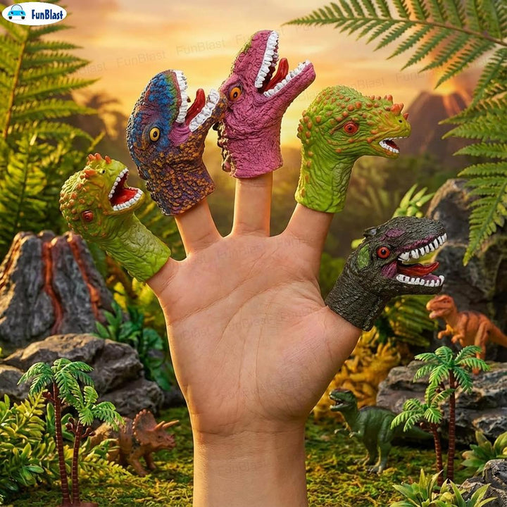 FunBlast Dinosaur Pack of 5 Finger Puppets for Kids | Soft Rubber Dino Toys for Pretend Play