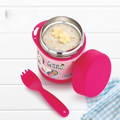 Double Vacuum Wall Insulated Food Jar Container with Spoon+Fork | 325 ML, 11 oz | Unicorn_Light Pink