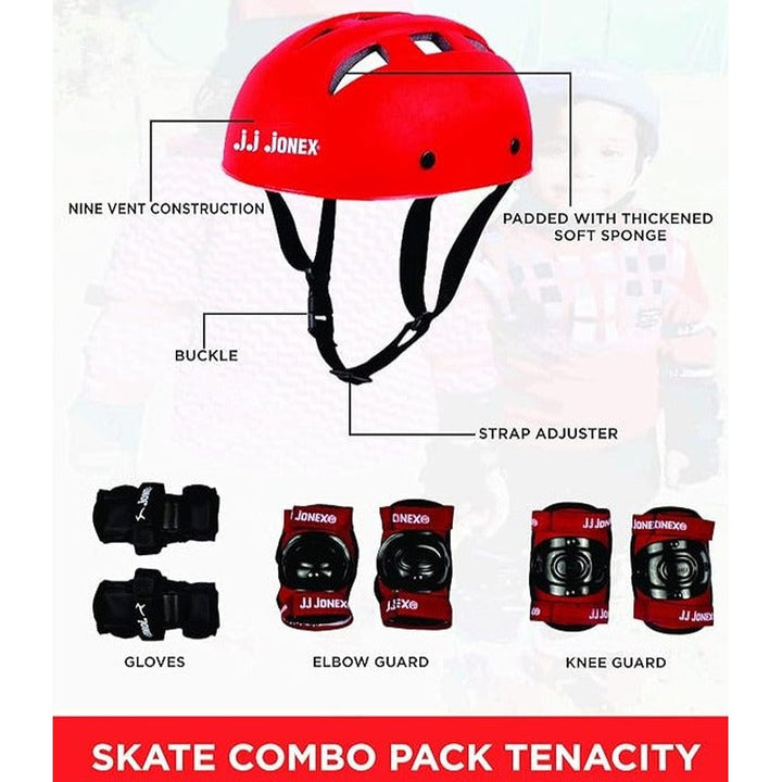 JJ Jonex Unisex Tenacity Adjustable Skates Combo (Skates + Helmet + Knee Pad + Elbow Pad + Skates Gloves + Key + Bag) (MYC) | Medium | Red |  6-11 Years