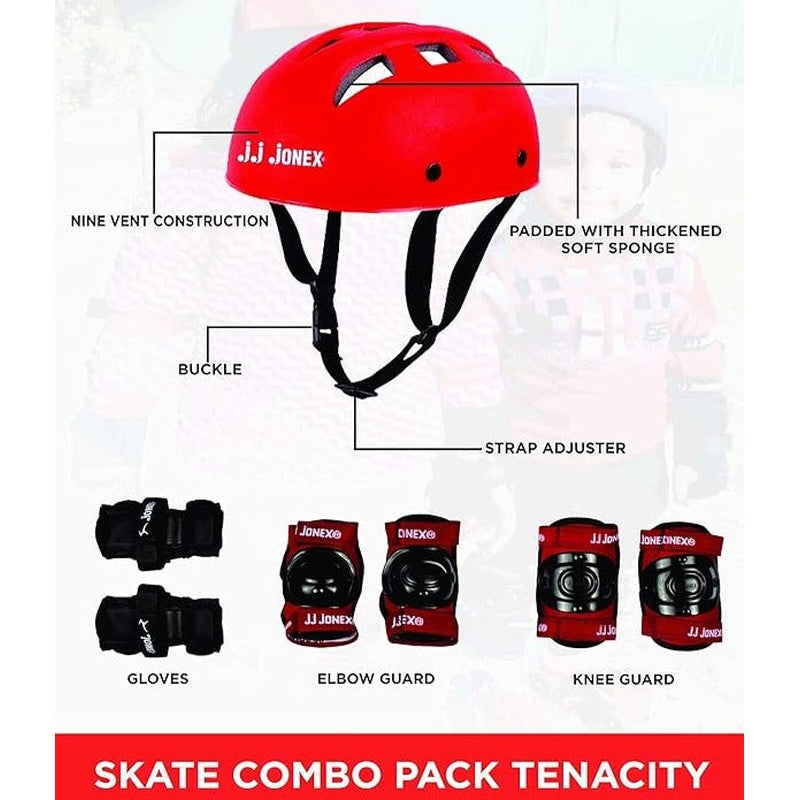 JJ Jonex Unisex Tenacity Adjustable Skates Combo (Skates + Helmet + Knee Pad + Elbow Pad + Skates Gloves + Key + Bag) (MYC) | Large | Red | 11 Years and Above