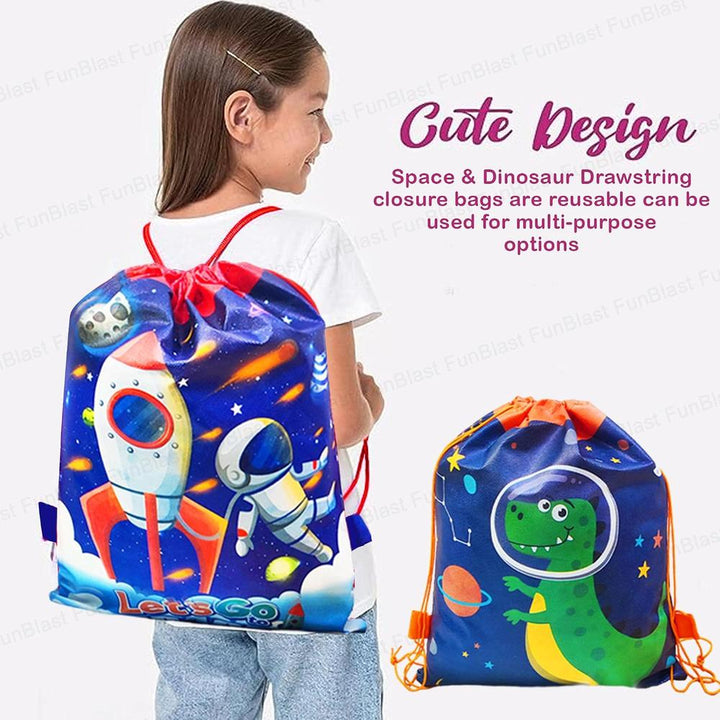 FunBlast Space & Dinosaur Return Gift Bags | Pack of 6 Reusable Non-Woven Drawstring Bags