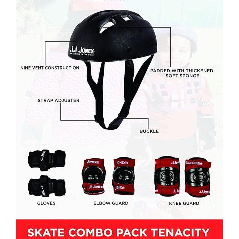 Tenacity Adjustable Skates Combo (Skates + Helmet + Knee pad + Elbow pad + Skates Gloves + Key + Bag) (MYC) | Large | Black/Red