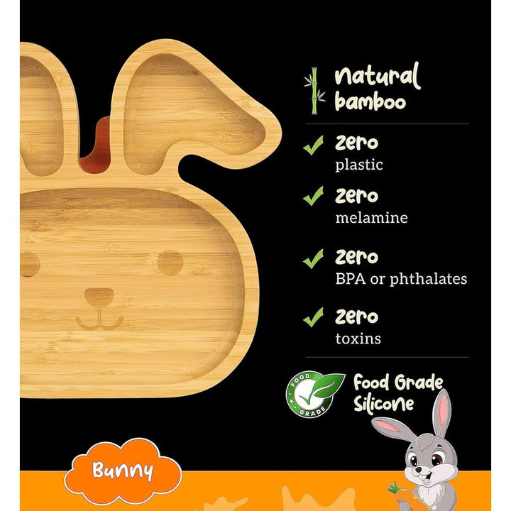 Bunny Bamboo Suction Plates for Baby and Toddler | 3 Sections | Weaning Spoon | Orange