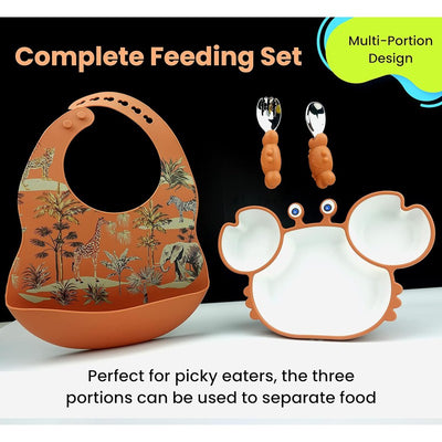 Cute Crab Silicon Weaning Set | Suction Plate for Baby | Easy Grip Handle Spoon & Fork | Adjustable Printed Bib | Brown (Combo)