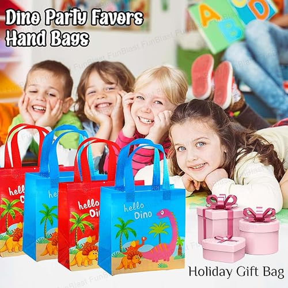 FunBlast Dinosaur Gifting Bags for Return Gifts | Pack of 12 Reusable Non-Woven Drawstring Bags