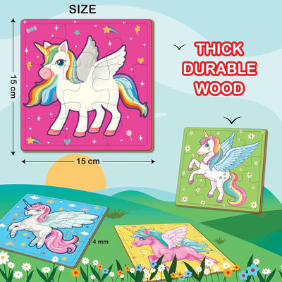 Wooden Unicorns Puzzle for kids | 9 Pieces Puzzles | Educational Toys and Games | Set of 4 Puzzles in Box