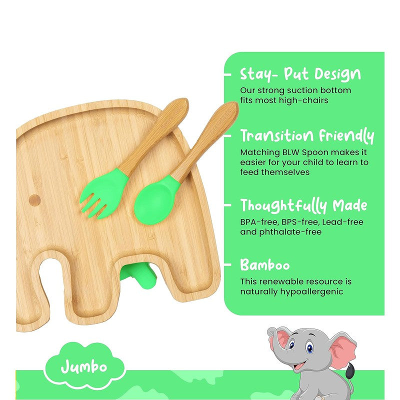 Jumbo Bamboo Suction Plates for Baby and Toddler | Weaning Spoon & Fork | Green