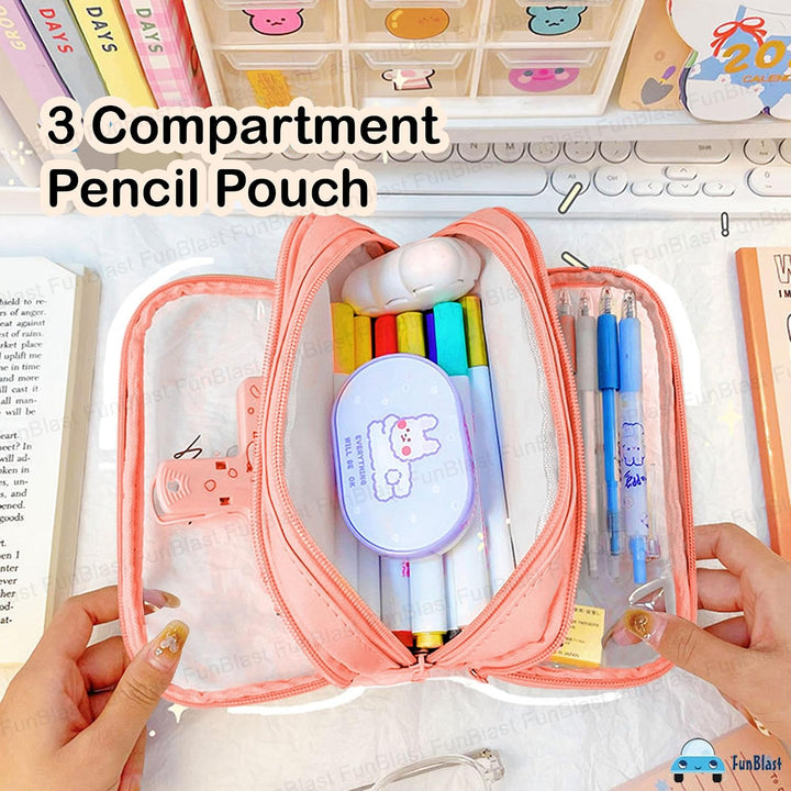FunBlast Large Capacity Pencil Bag – Peach | 3 Compartment Transparent Pencil Pouch with Zipper