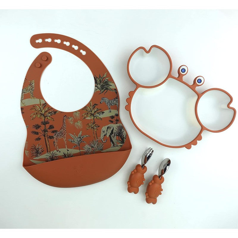 Cute Crab Silicon Weaning Set | Suction Plate for Baby | Easy Grip Handle Spoon & Fork | Adjustable Printed Bib | Brown (Combo)