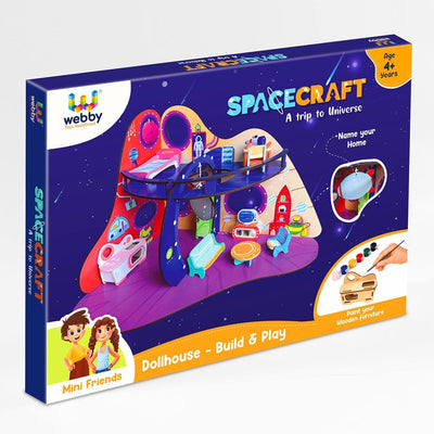 Spacecraft Trip to Universe All Side Play Doll House | DIY Paint Wooden Doll House Toy with Furniture for Kids