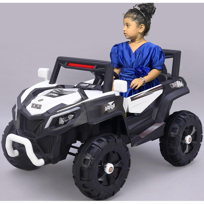White Driving Jeep Ride on | Remote + Mobile App Control & Manual Steering Drive Car | Bluetooth Music Player | Loading Capacity of 50 Kg | COD Not Available