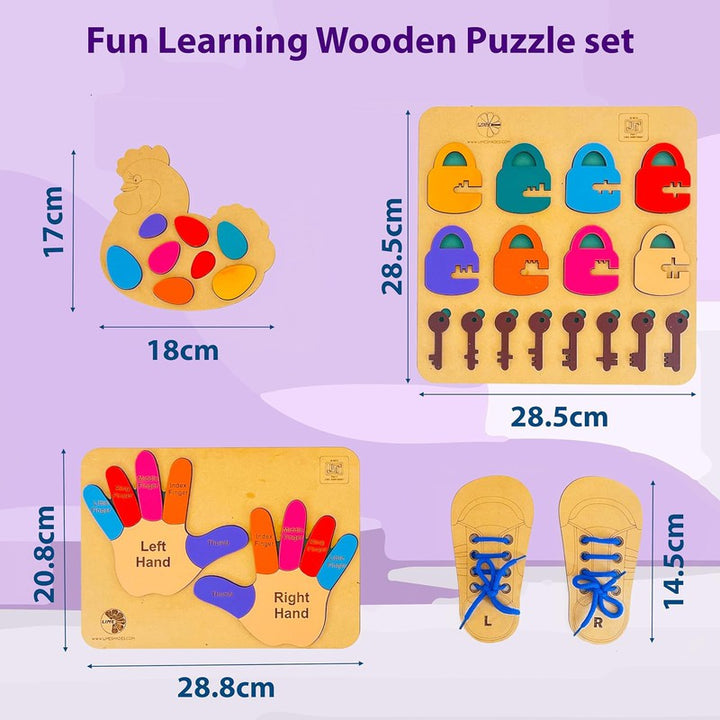 Set of 4 Wooden Board Puzzle Playset kit Includes Lock & Key, Finger Matching, Shoe Lacing & Hen Egg Placing