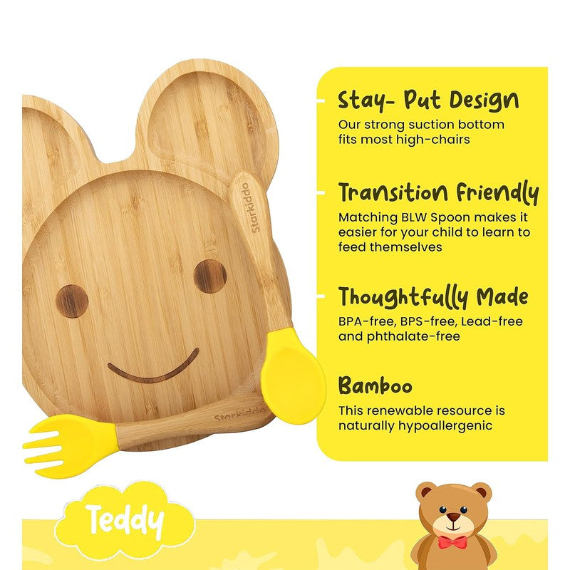 Teddy Bamboo Suction Plates for Baby and Toddler | Weaning Spoon & Fork | Yellow