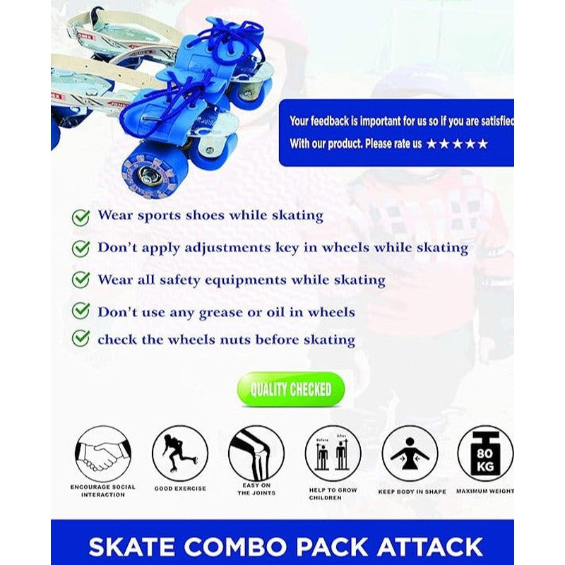 Attack Adjustable Skates Combo (Skates + Helmet + Knee pad + Elbow pad + Skates Gloves + Key + Bag) (MYC) | Large | Helmet - Black