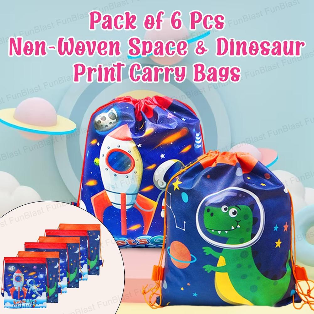FunBlast Space & Dinosaur Return Gift Bags | Pack of 6 Reusable Non-Woven Drawstring Bags