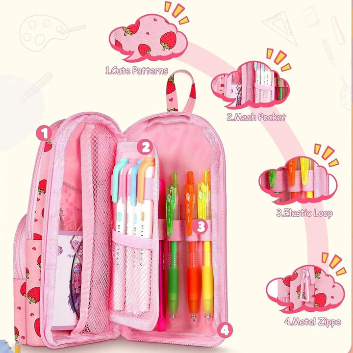 FunBlast Strawberry Pencil Case | Large Capacity 3-Layer Canvas Hangable Kawaii Pencil Pouch