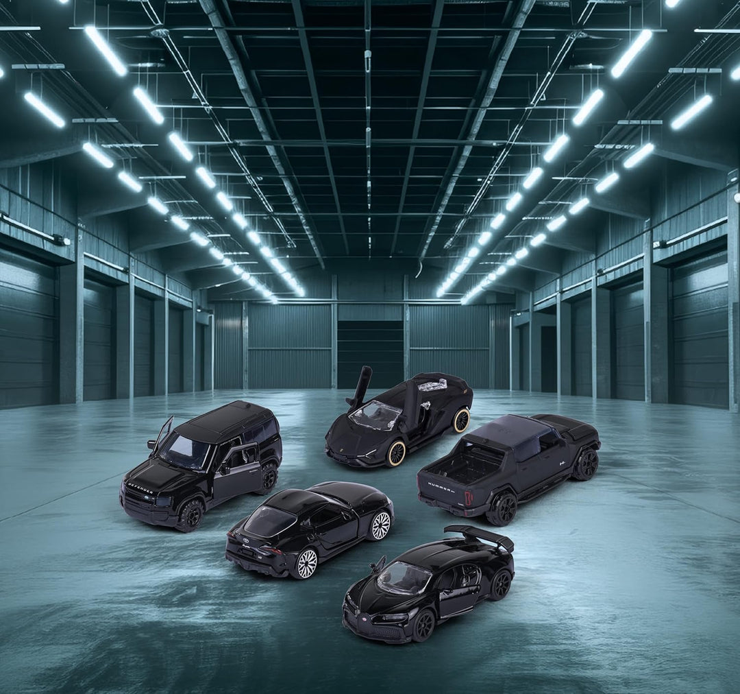 Set of 5 Licensed Majorette Diecast Cars (Black Edition) -  Bugatti Chiron Pur Sport, Lamborghini Sián FKP 37, Toyota GR Supra, Land Rover Defender 90, GMC Hummer EV