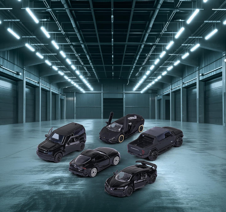 Set of 5 Licensed Majorette Diecast Cars (Black Edition) -  Bugatti Chiron Pur Sport, Lamborghini Sián FKP 37, Toyota GR Supra, Land Rover Defender 90, GMC Hummer EV