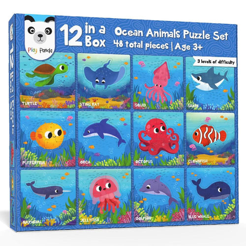 Play Panda 12 in 1 Ocean Animals Puzzle Set | Preschool Educational Activity for Kids