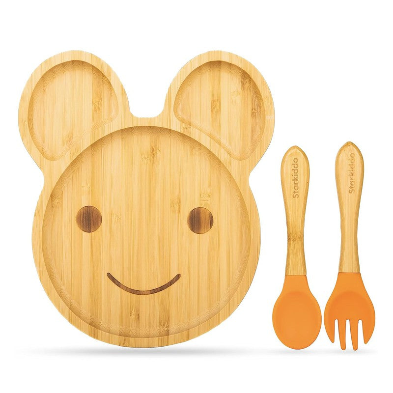 Teddy Bamboo Suction Plates for Baby and Toddler | Weaning Spoon & Fork | Orange