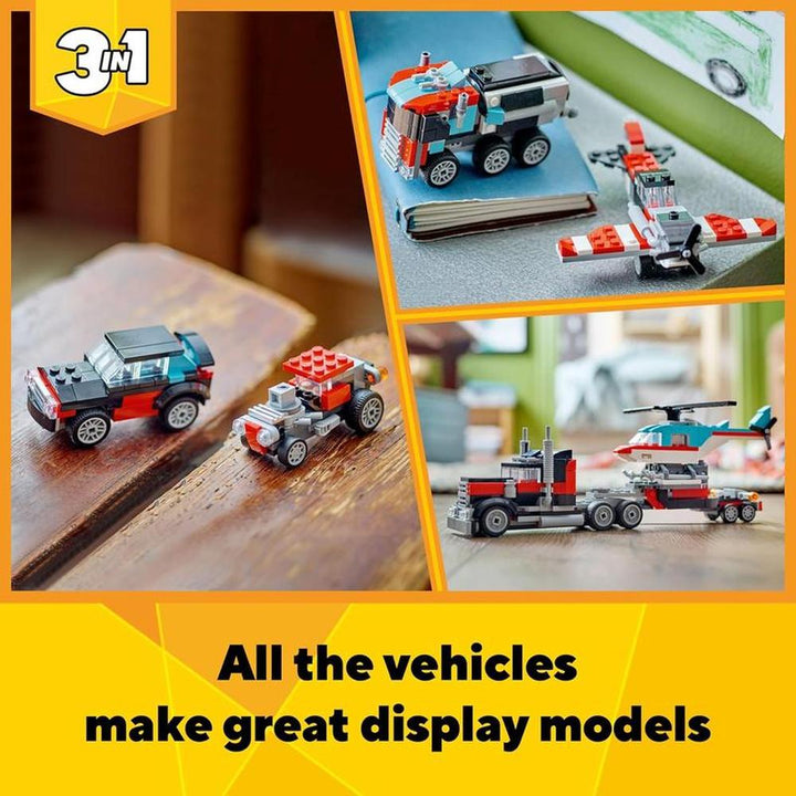 LEGO Creator Flatbed Truck with Helicopter Vehicle Toy 3 in 1 Building Set - 270 Pieces | 31146 (7-12 Years)