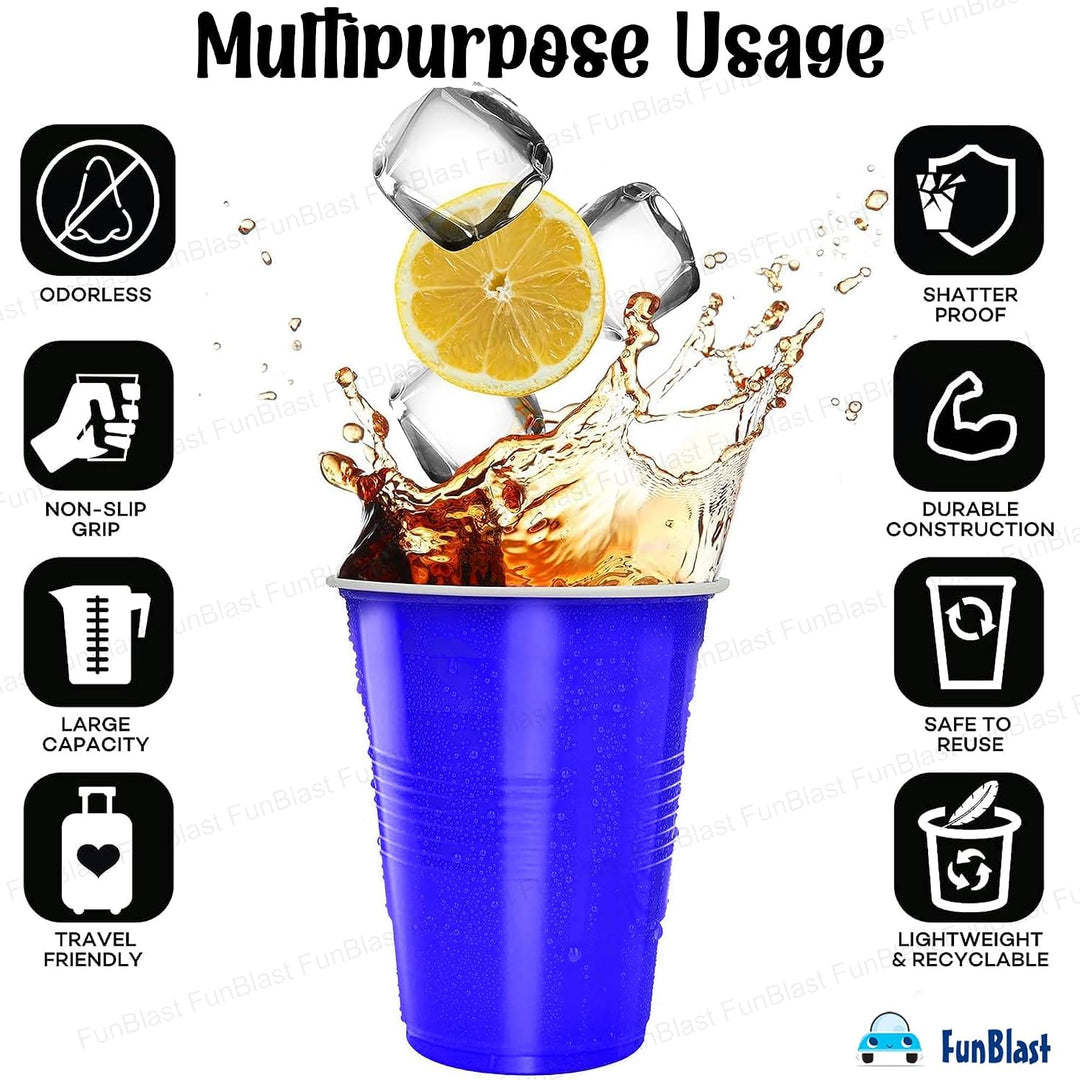 FunBlast Party Drinking Glasses | Pack of 50 Reusable & Leakproof Party Cups | Blue | 500 ml
