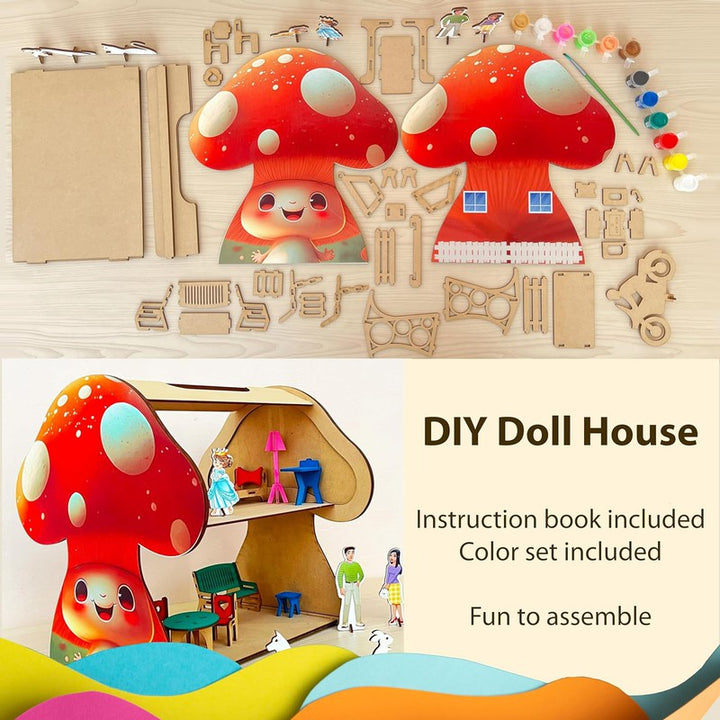 DIY Kit Mushroom Themed Dollhouse with Miniatures & Furniture Set, Includes Family Set, Swing for Baby, Pet Animals & Bike for Perfect Fun Role Play